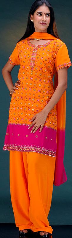 Orange and Purple Hand-Embroidered Suit with Sequins