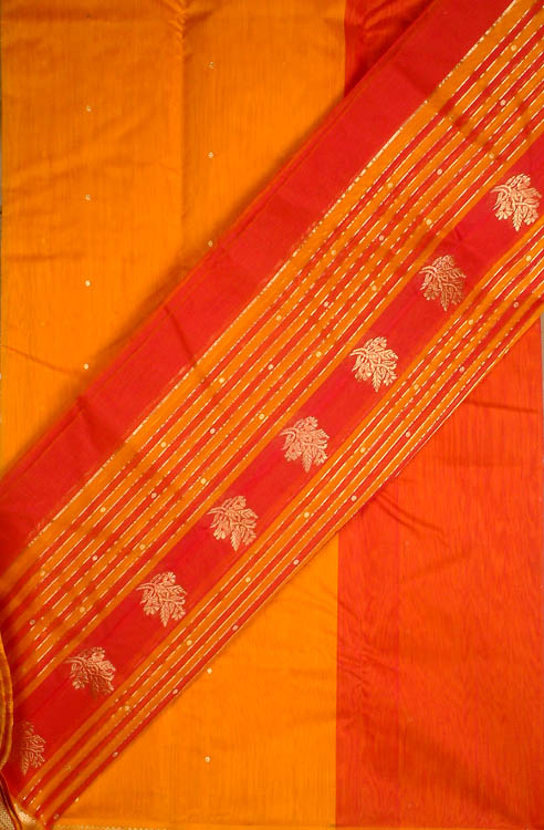 Orange and Red Chanderi Suit with Golden Bootis