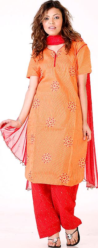 Orange and Red Salwar Kameez with Embroidery