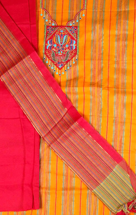 Orange and Red South-Cotton Suit with Embroidery on Neck
