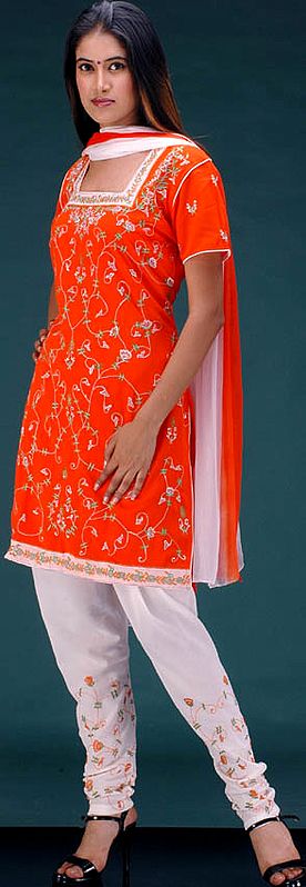 Orange and White Choodidaar Wedding Suit with All-Over Embroidery