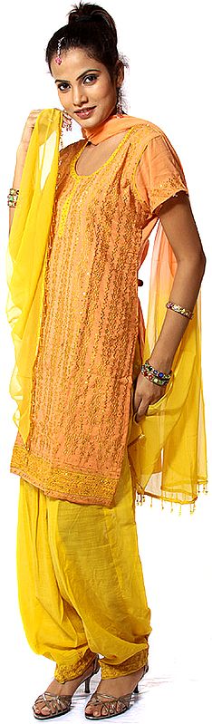 Orange and Yellow Salwar Kameez with All-Over Embroidery and Sequins