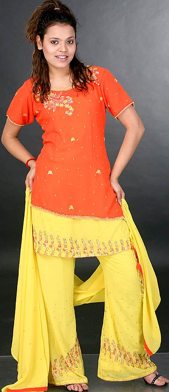 Orange and Yellow Salwar Suit with Beadwork and Sequins