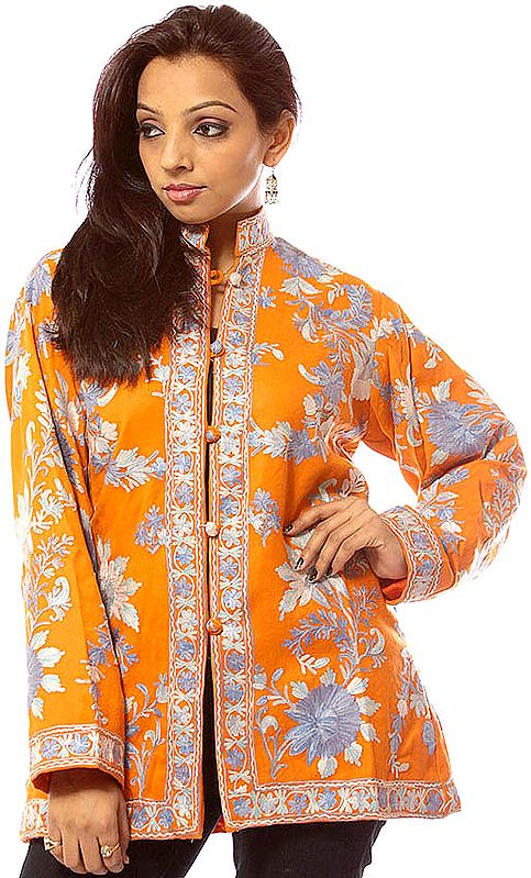 Orange Aari Jacket from Kashmiri with Blue Flowers