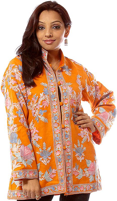 Orange Aari Jacket from Kashmiri with Crewel Embroidered Flowers
