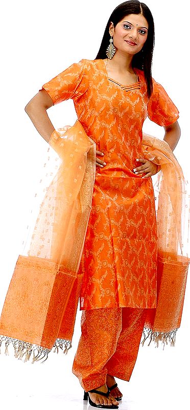 Orange Banarasi Floral Salwar Kameez with All-Over Weave