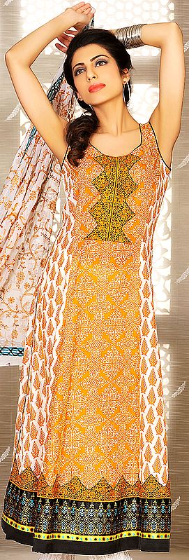 Orange Bokhara Long Salwar Suit from Pakistan with Embroidered Lace and Printed Motifs