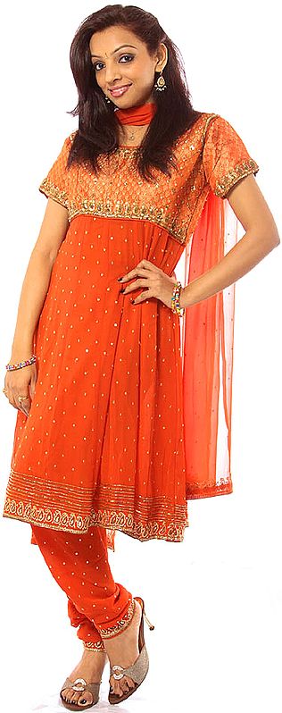 Orange Brocaded Anarkali Suit with Embroidered Sequins and Beads