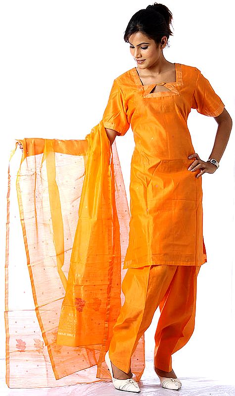 Orange Chanderi Suit with Golden Thread Weave