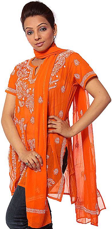 Orange Chikan Embroidered Kurti Top with Stole