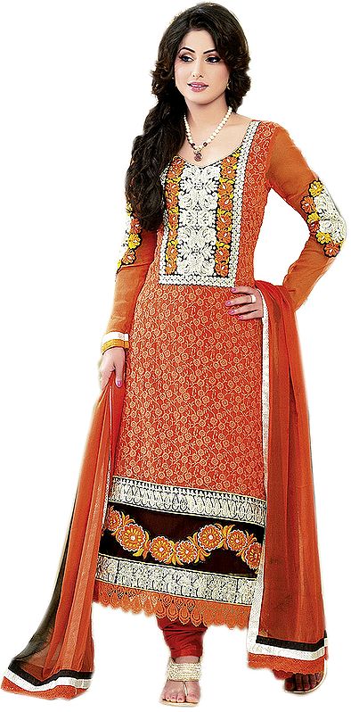 Orange Churidar Suit with Aari Embroidered Bootis and Patchwork