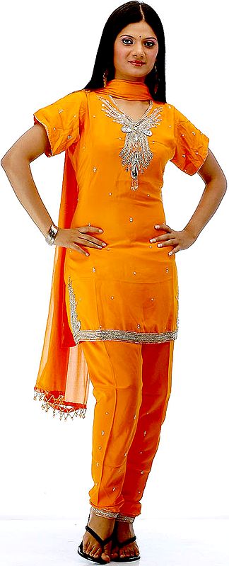 Orange Choodidaar Suit with Beads and Crystals