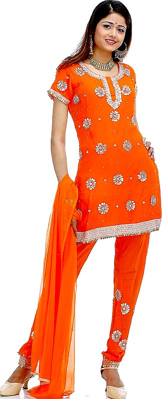 Orange Choodidaar Suit with Brass Beads and Sequins