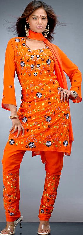 Orange Choodidaar Suit with Floral Embroidery