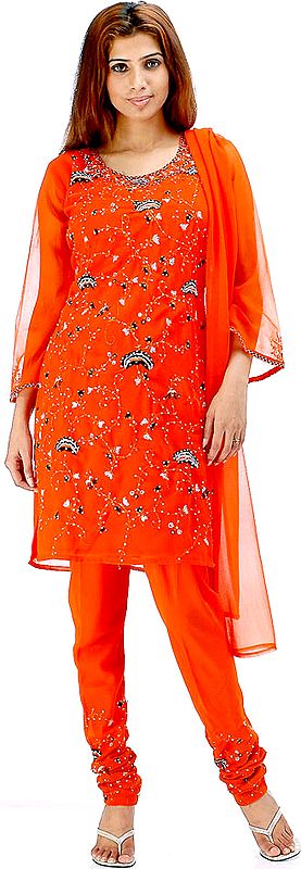 Orange Choodidaar Suit with Threadwork and Sequins