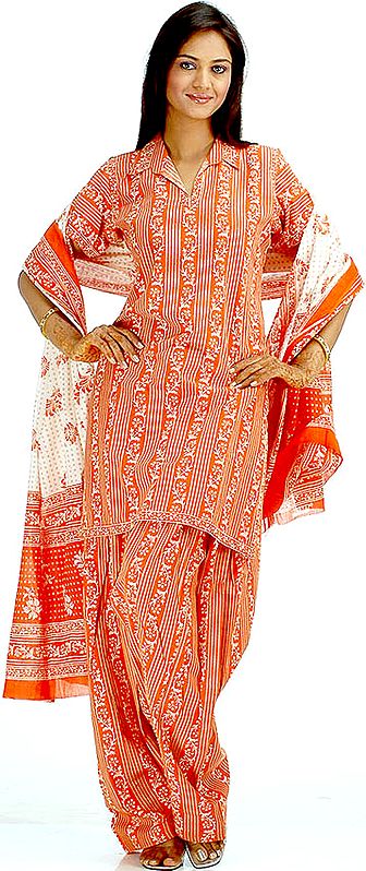 Orange Collared Printed Suit with Patiala Salwar