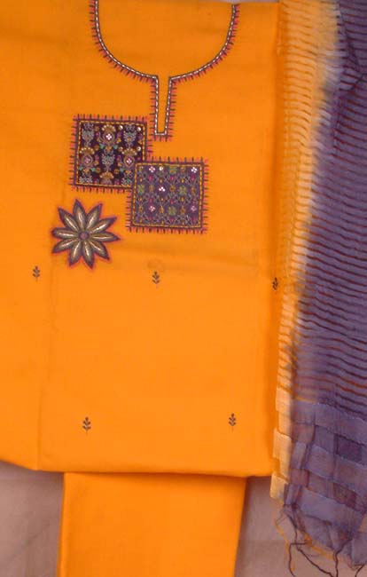 Orange Cotton Suit with Embroidery on Front