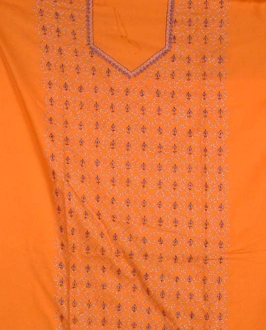 Orange Handwoven Suit with Needle-Embroidery from Kashmir