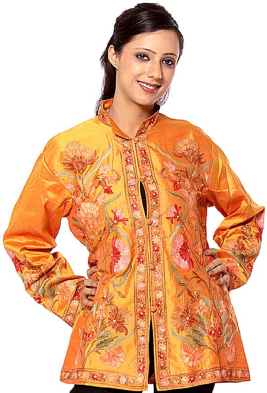 Orange Jacket from Kashmir with Floral Embroidery