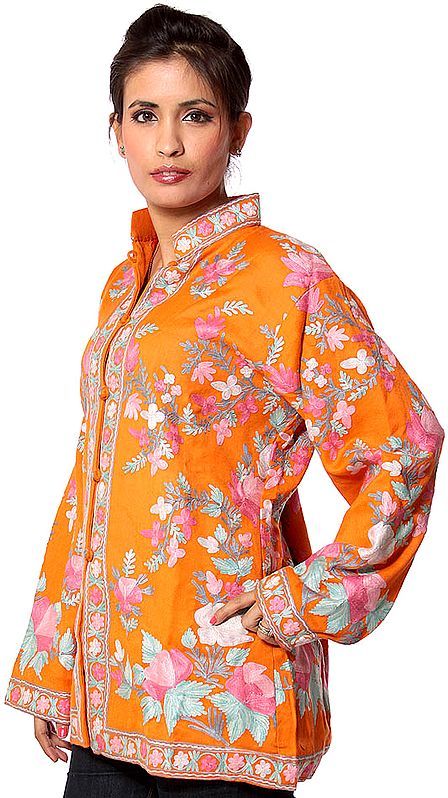 Orange Jacket from Kashmiri with Aari Embroidered Flowers in Pink Thread