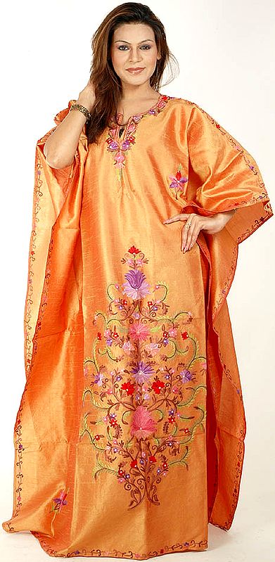 Orange Kaftan from Kashmir with Aari-Embroidered Flowers