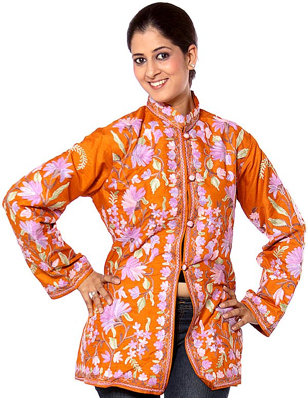 Orange Kashmiri Jacket with Phulkari Embroidery All-Over
