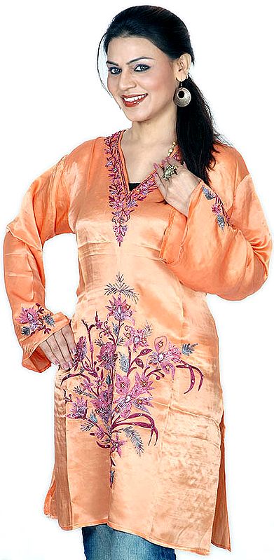 Orange Kashmiri Top with Floral Embroidery and Sequins