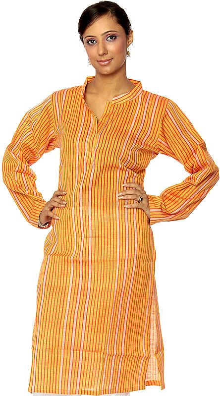 Orange Khadi Kurta with Woven Stripes