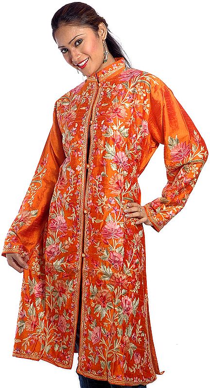 Orange Long Silk Jacket with Embroidered Flowers
