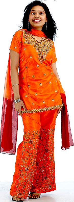 Orange Parallel Salwar Kameez with Beads and Embroidery