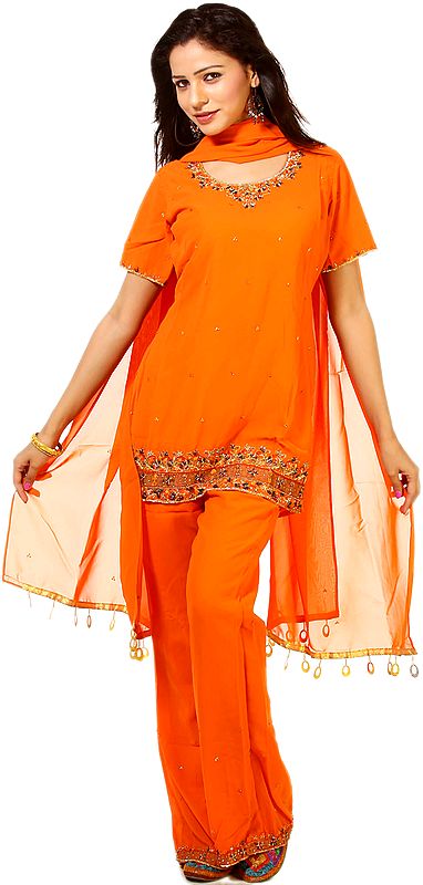 Orange Parallel Salwar Kameez with Zardozi Work and Sequins