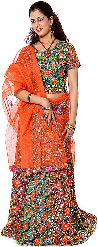 Orange Printed Chaniya Choli from Rajasthan with Mirrors and Embroidery