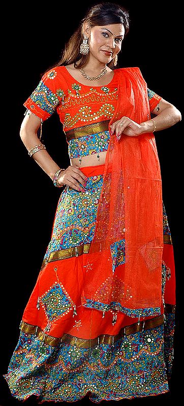 Orange Printed Chaniya Choli from Rajasthan with Mirrors and Embroidery