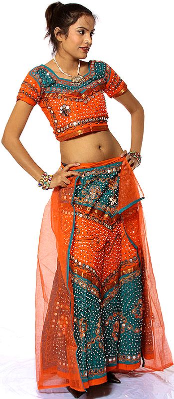 Orange Printed Gypsy Chaniya Choli from Rajasthan with Mirrors and Embroidery