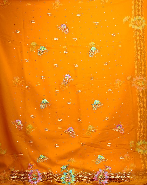 Orange Salwar Kameez Fabric with All-Over Parsi Embroidered Bootis and Sequins
