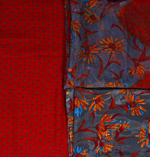 Orange Salwar Kameez Fabric with Printed Flowers