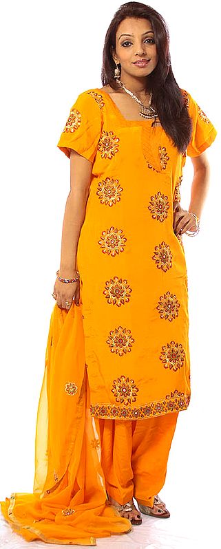 Orange Salwar Kameez Suit with Crewel Embroidered Flowers All-Over
