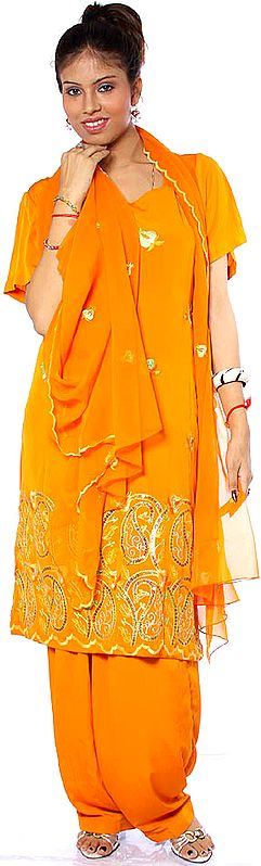 Orange Salwar Kameez Suit with Crewel Embroidery