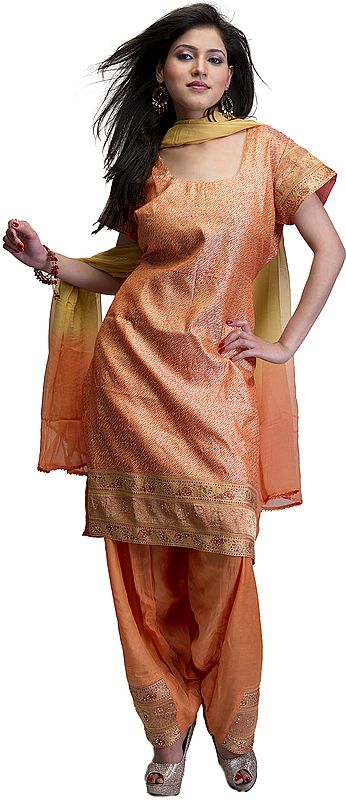 Orange Salwar Kameez Suit with Tiger Stripes and Floral Patch Border