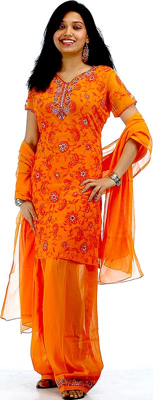 Orange Salwar Kameez with All-Over Aari Embroidery and Sequins