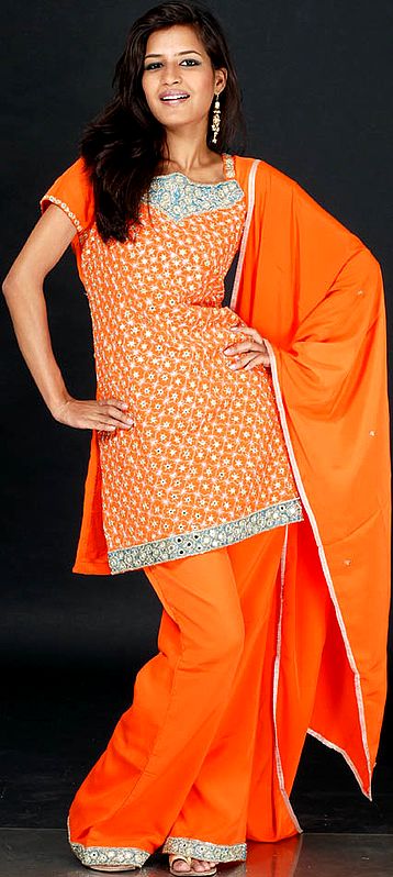 Orange Salwar Kameez with All-Over Embroidery and Mirrors