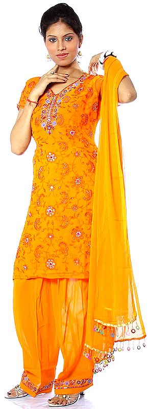 Orange Salwar Kameez with All-Over Floral Embroidery and Sequins