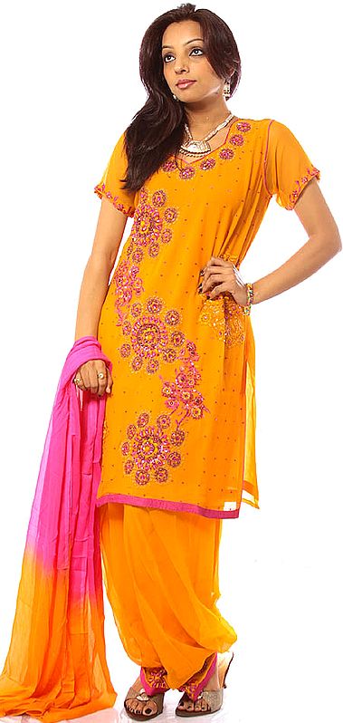 Orange Salwar Kameez with Beads Embroidered as Flowers