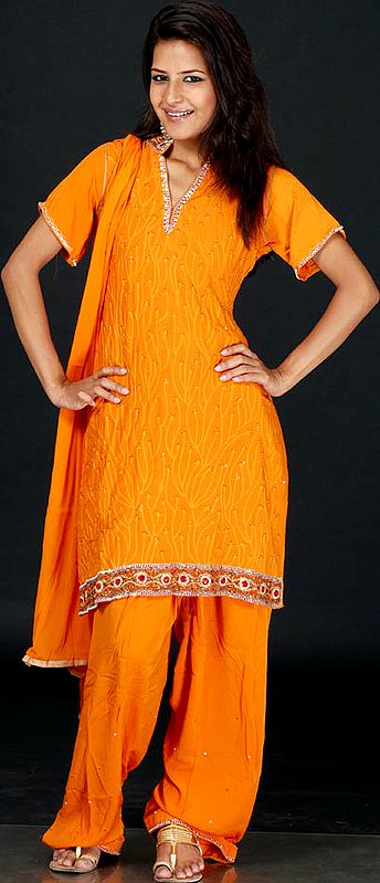 Orange Salwar Kameez with Crystals and All-Over Embroidery