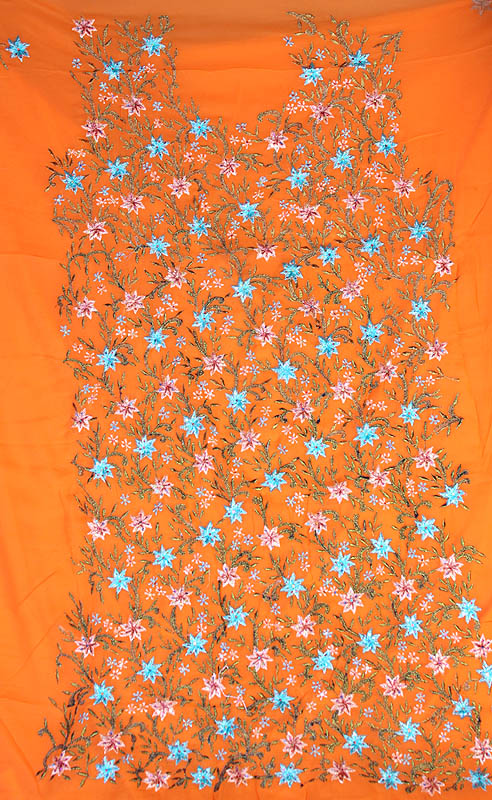 Orange Salwar Suit Fabric with Floral Embroidery and Sequins