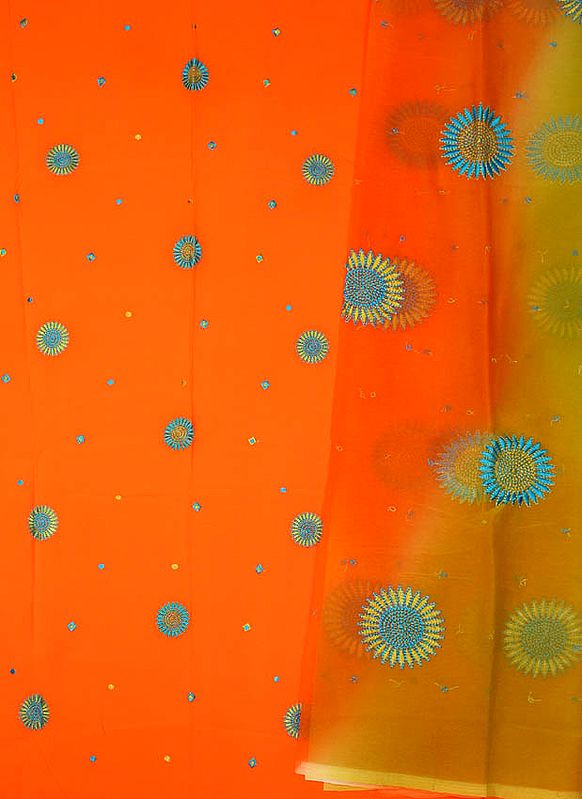 Orange Salwar Suit Fabric with Floral Embroidery