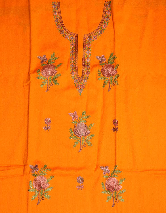 Orange Two-Piece Kashmiri Suit with Floral Aari Embroidery on Kameez