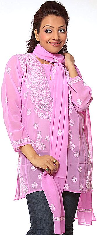 Orchid Chikan Embroidered Kurti Top with Stole