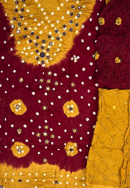 Oxblood-Red and Mustard Bandhani Salwar Kameez Fabric with Embroidered Mirrors and Beads
