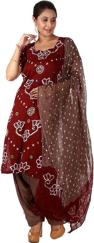 OxBlood-Red Bandhani Salwar Kameez with Embroidered Mirrors